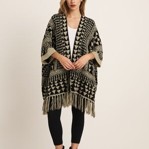 NWT Max Sport Geometric Knit Poncho Cape Fringe Open Front S/M Black Beige $250